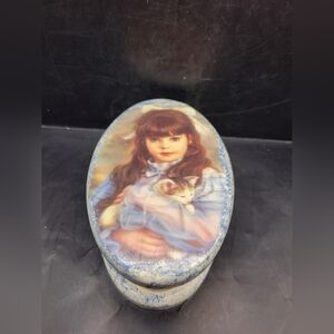 Vintage Sandra Kuck Girl With Kitten Decoupage Trinket Box Handmade 7”